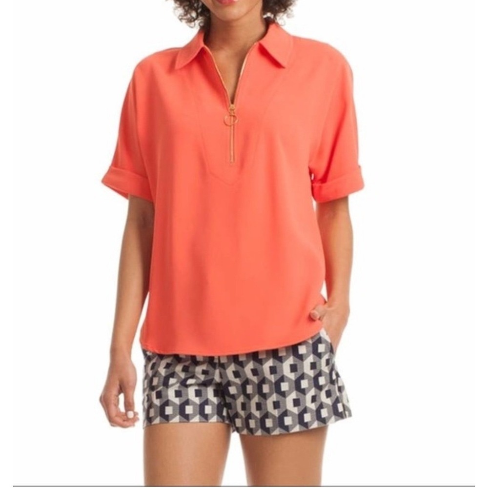 Trina Turk Coral Orange Half Zip Ring Pull Short Sleeve Yorke Blouse M NEW
